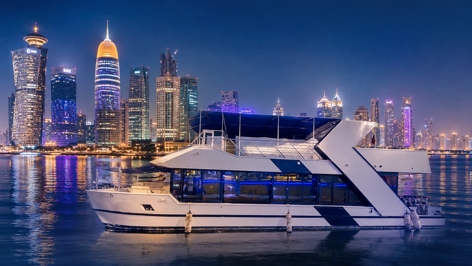 Luxury yacht on the Arabian Gulf with Doha skyline